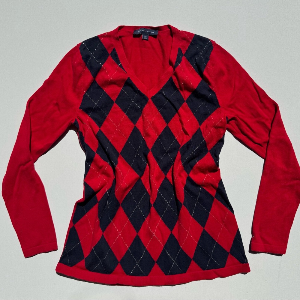 Tommy Hilfiger Red and Black Argyle Women's Sweater